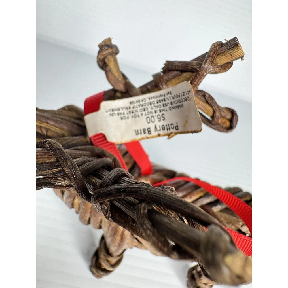 Pottery Barn NWT Reindeer Christmas Ornaments Deer Pair Wood Wicker Ribbon 7